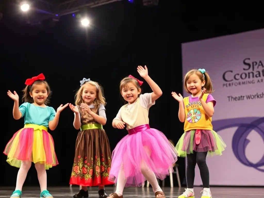 A vibrant image of children participating in a theatre workshop, showcasing creativity and teamwork, with colorful props and costumes.