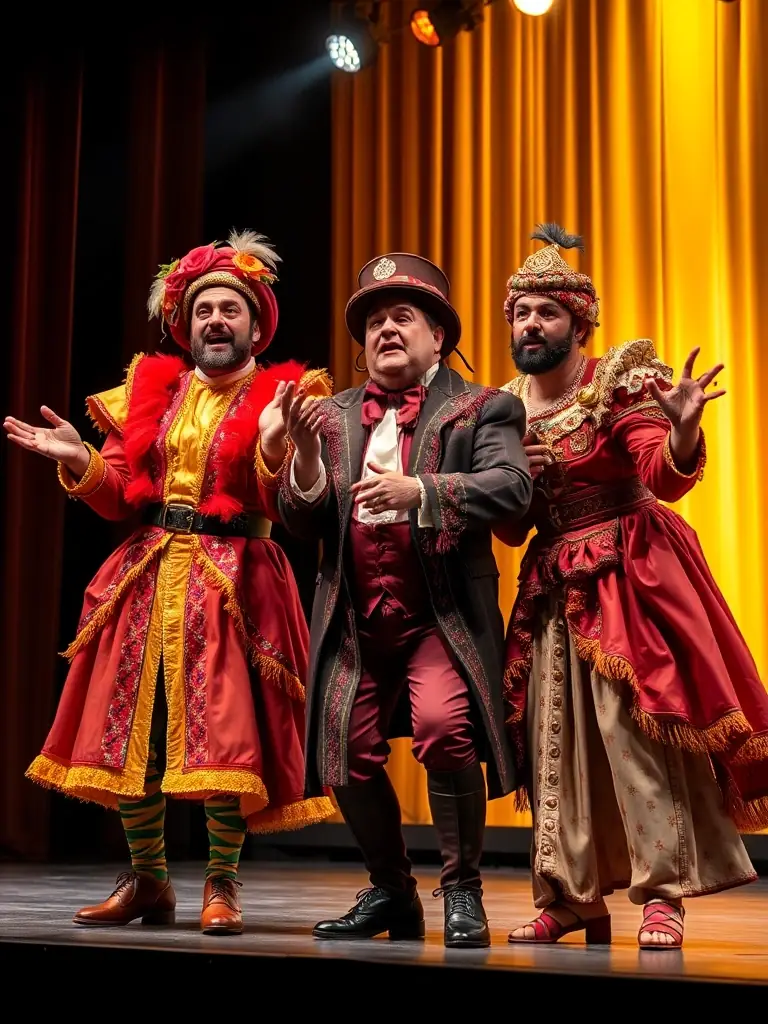 A dynamic photo capturing performers during a stage spectacle, highlighting costumes, stage design, and audience engagement, taken during a live performance at a local theatre.