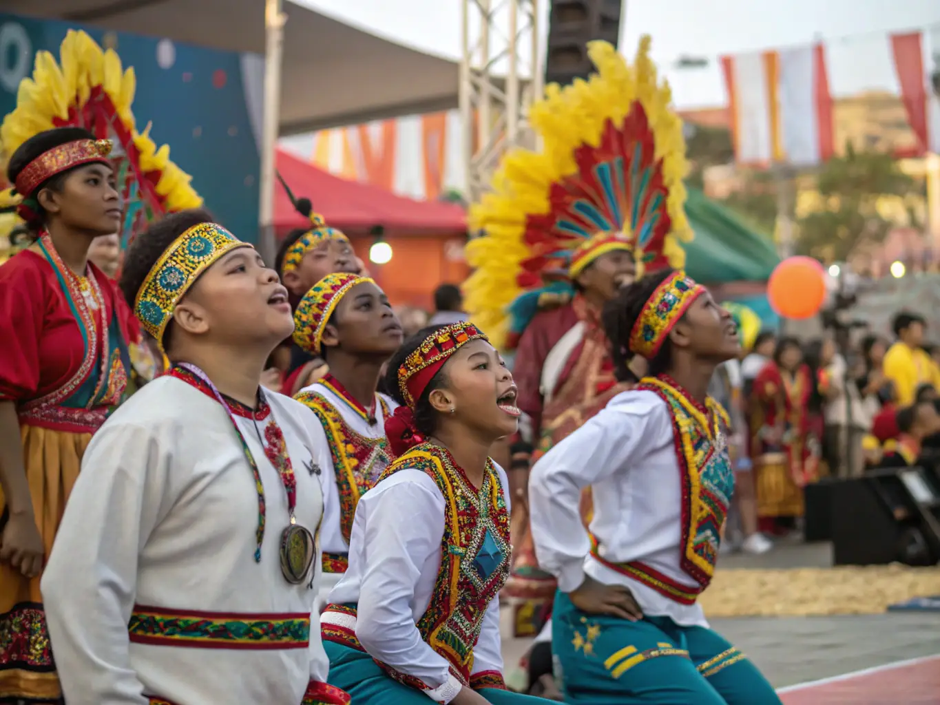 A dynamic image of performers on stage during a festival, capturing the energy and excitement of a live theatre performance.