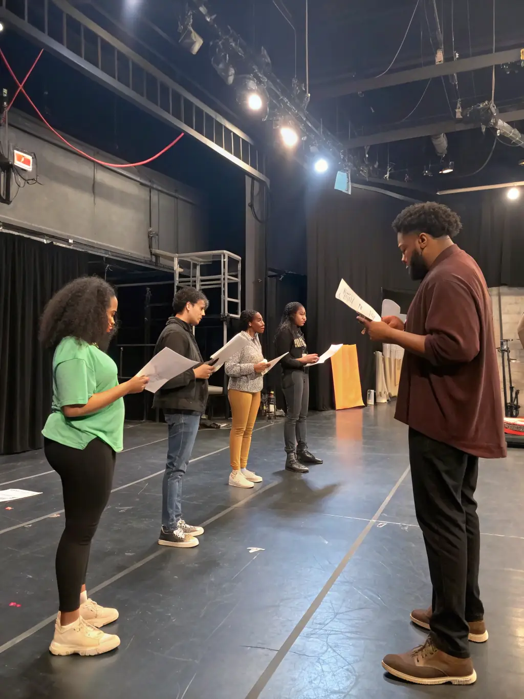 A vibrant image of participants engaged in a theatre workshop, showcasing collaborative activities and creative expression, set in a community hall with natural light.