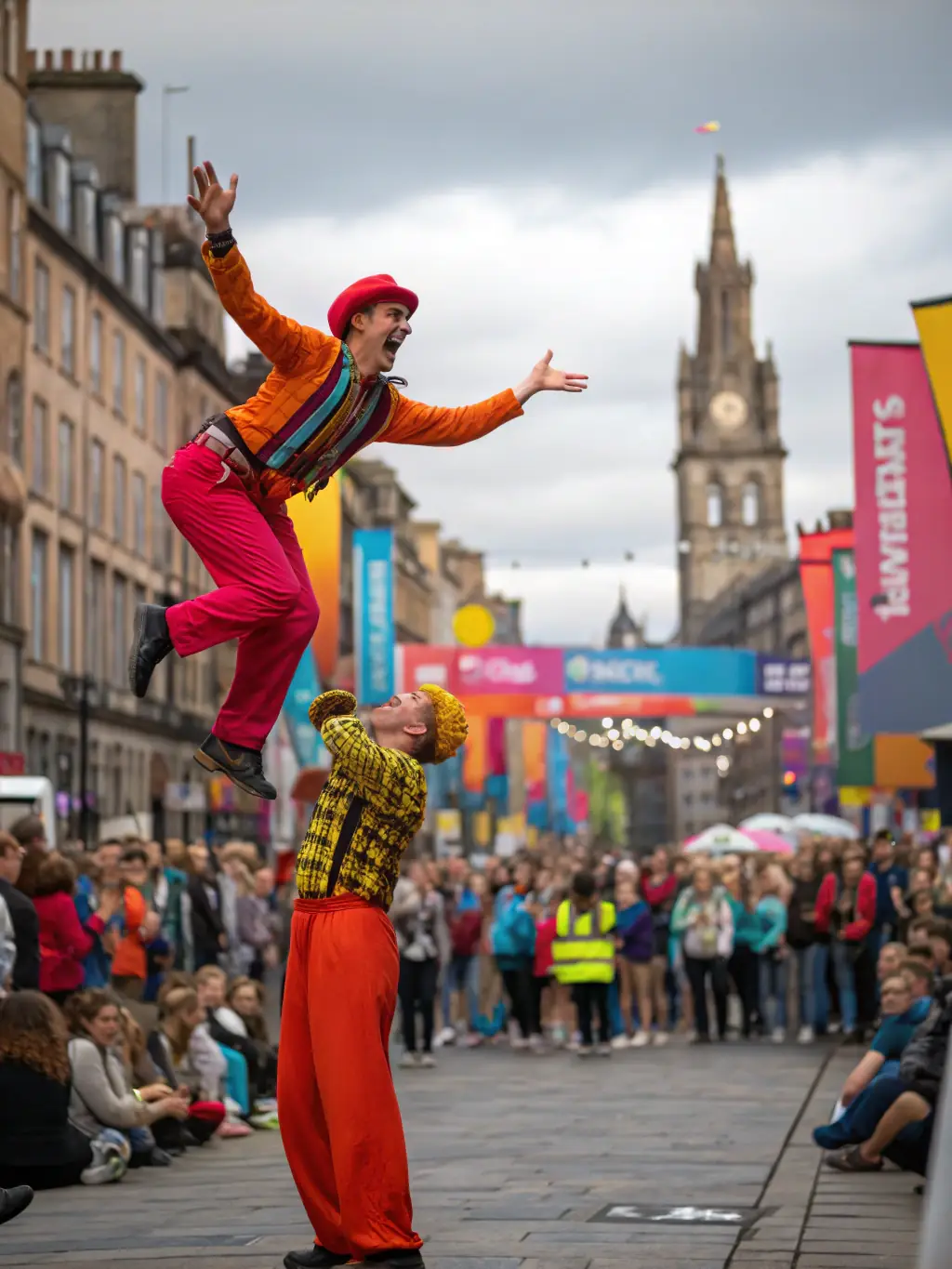A lively image of a street theatre performance during a festival, showing performers interacting with the audience in a public space, with colorful decorations and a festive atmosphere.