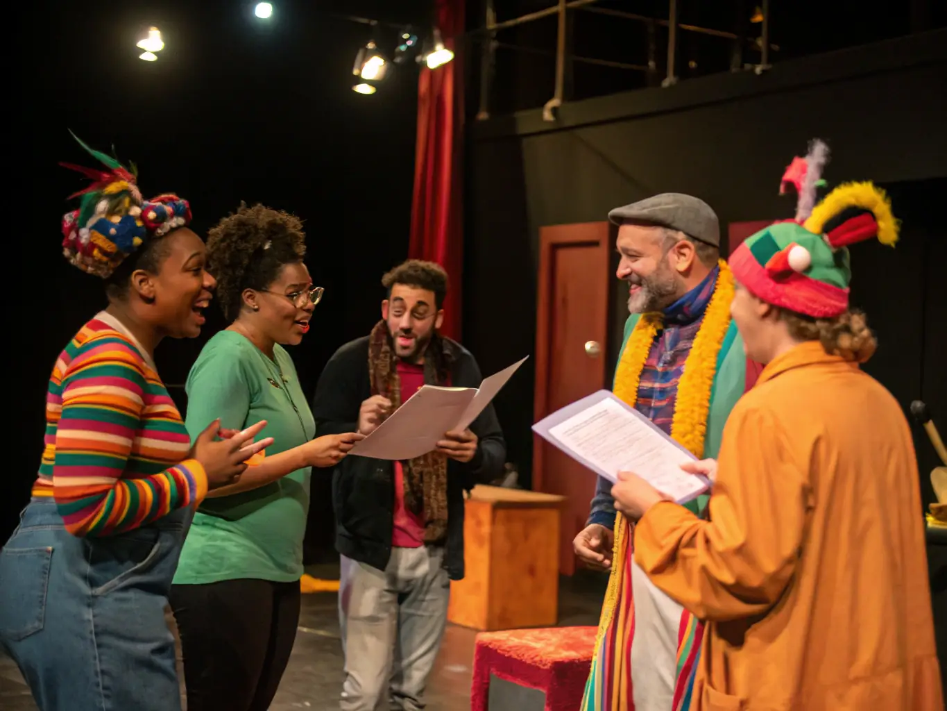 A welcoming image of adults participating in a community theatre project, emphasizing inclusivity and social connection.